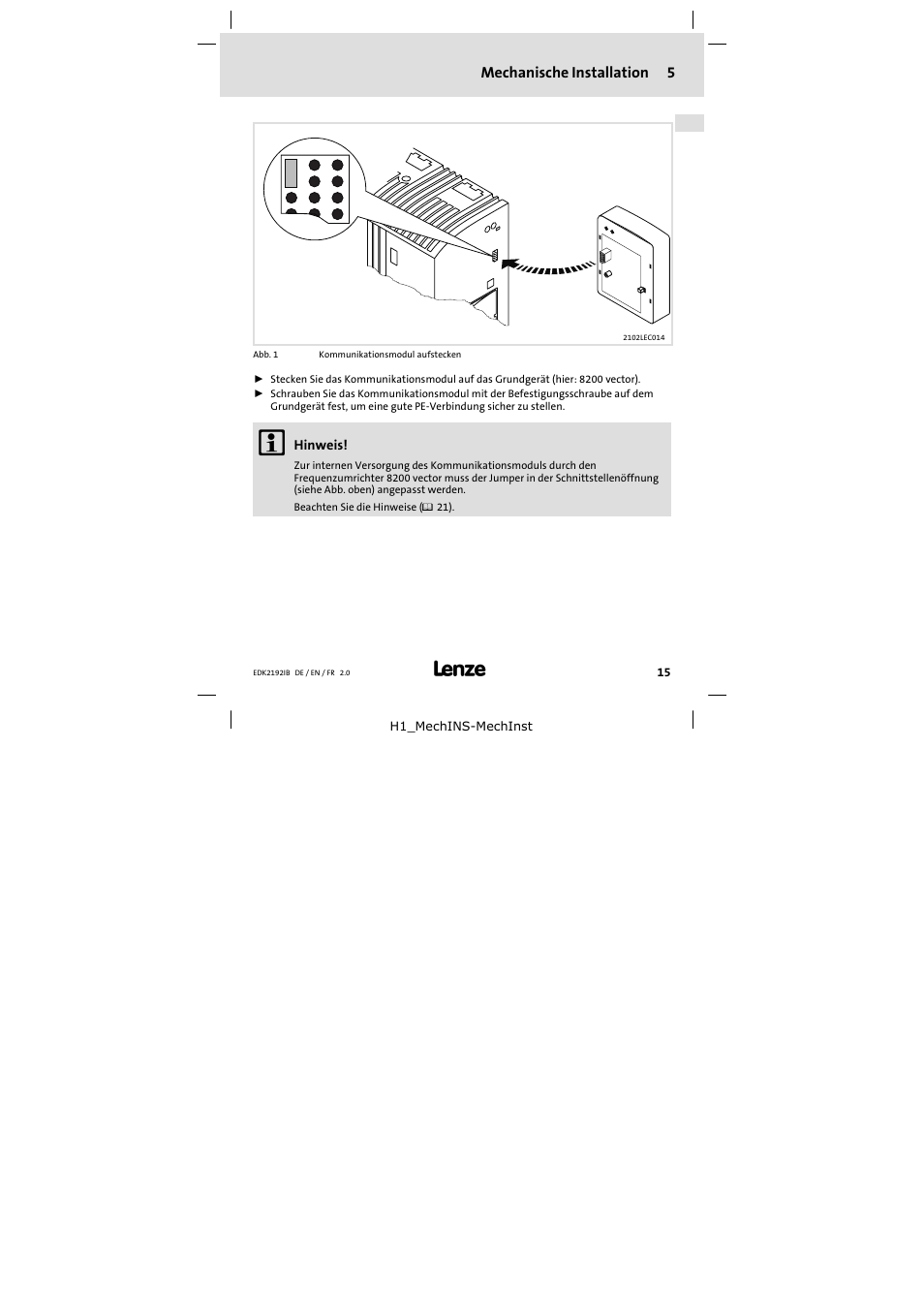 5 mechanische installation, Mechanische installation, Mechanische installation 5 | Lenze EMF2192IB User Manual | Page 15 / 70