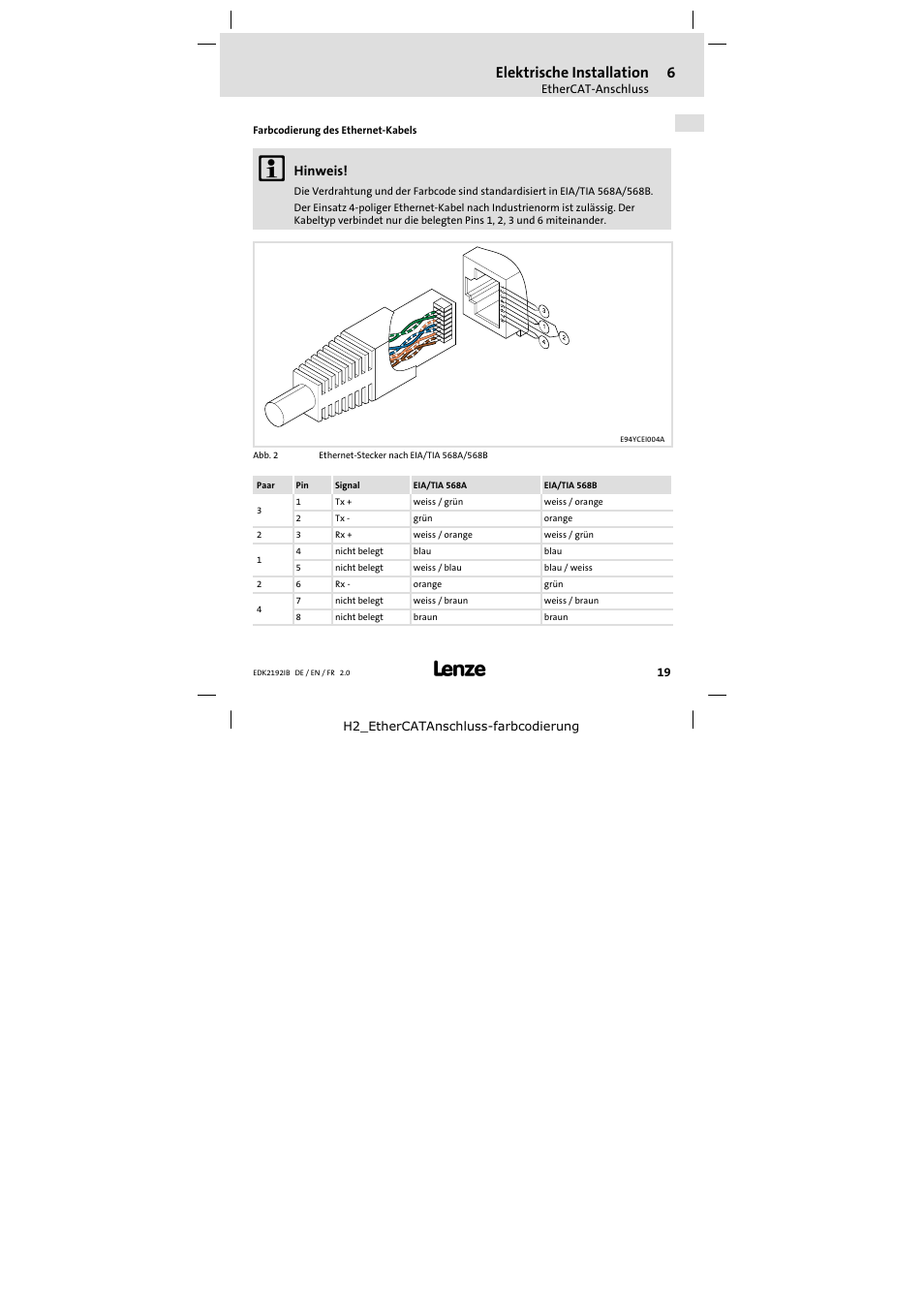 Elektrische installation, Hinweis | Lenze EMF2192IB User Manual | Page 19 / 70