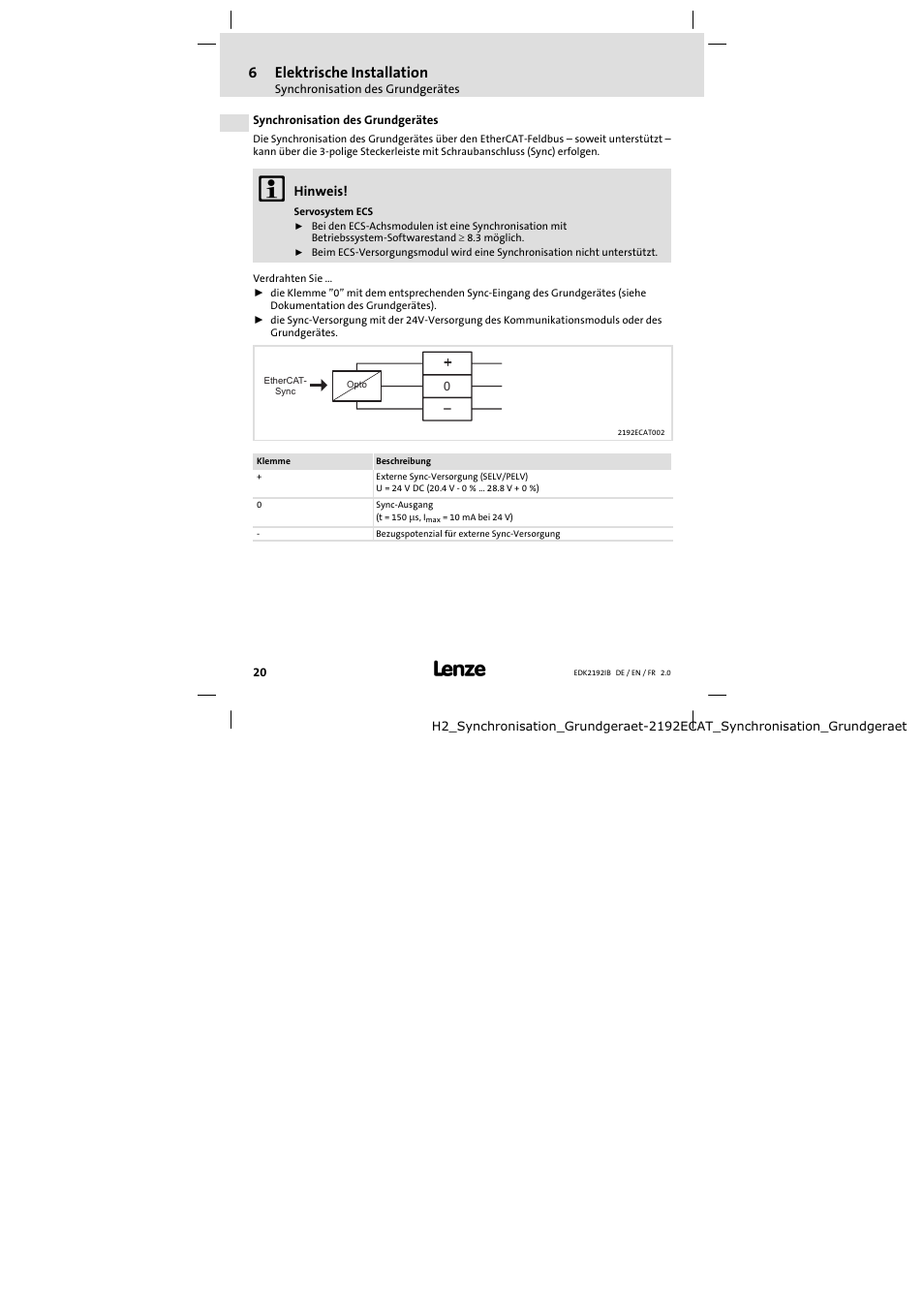 Synchronisation des grundgerätes, 6elektrische installation | Lenze EMF2192IB User Manual | Page 20 / 70