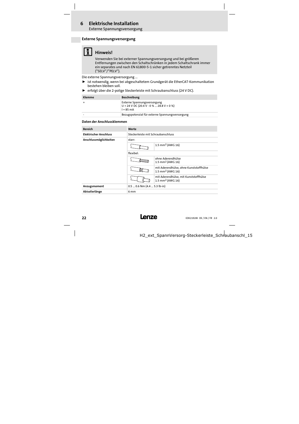 Externe spannungsversorgung, 6elektrische installation | Lenze EMF2192IB User Manual | Page 22 / 70