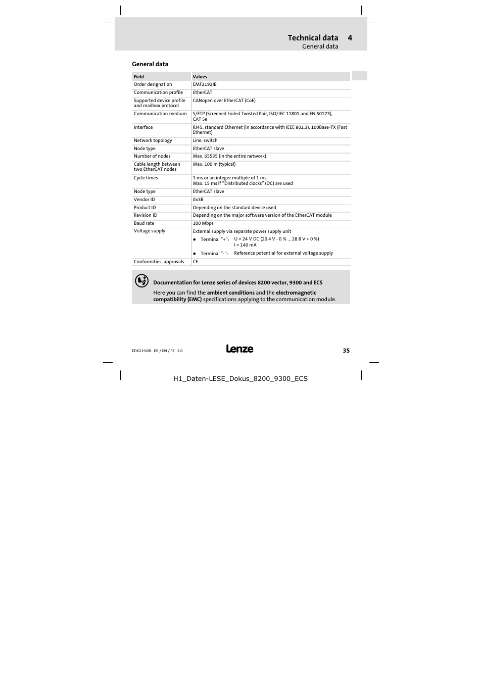 4 technical data, General data, Technical data | Lenze EMF2192IB User Manual | Page 35 / 70