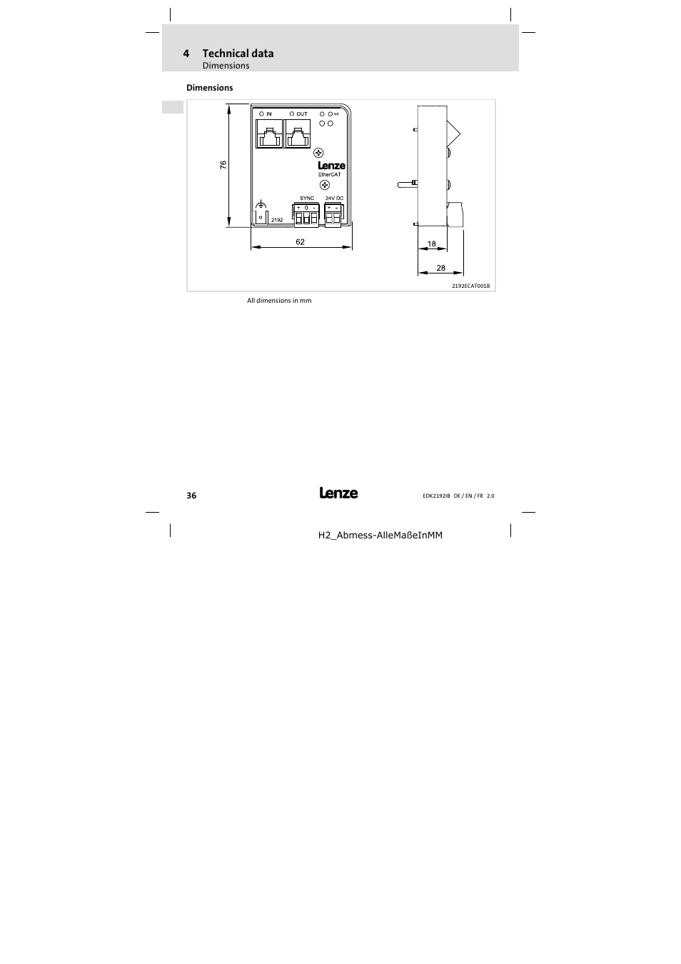 Dimensions | Lenze EMF2192IB User Manual | Page 36 / 70