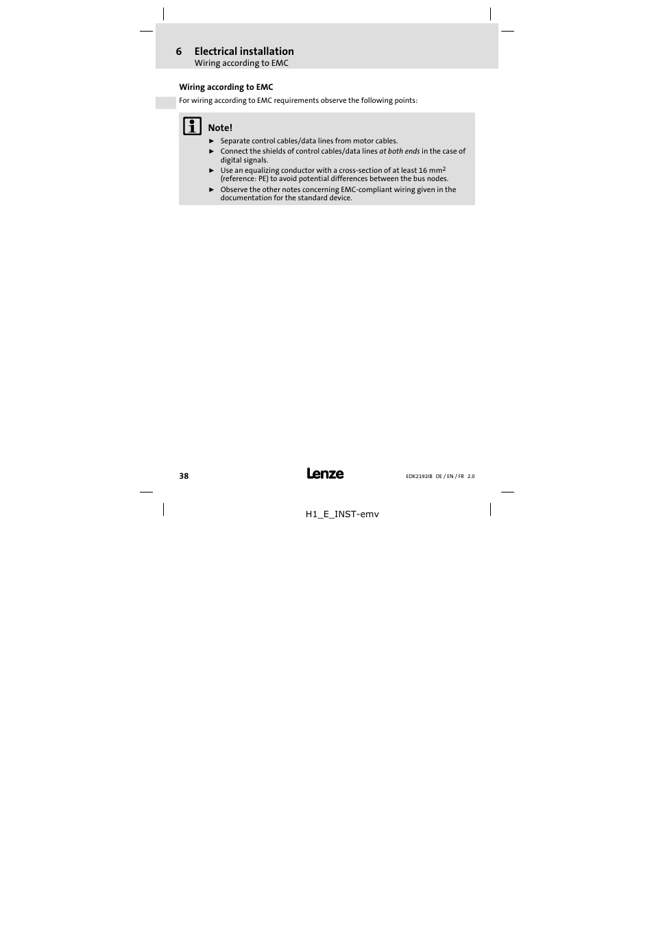 6 electrical installation, Wiring according to emc, Electrical installation | 6electrical installation | Lenze EMF2192IB User Manual | Page 38 / 70