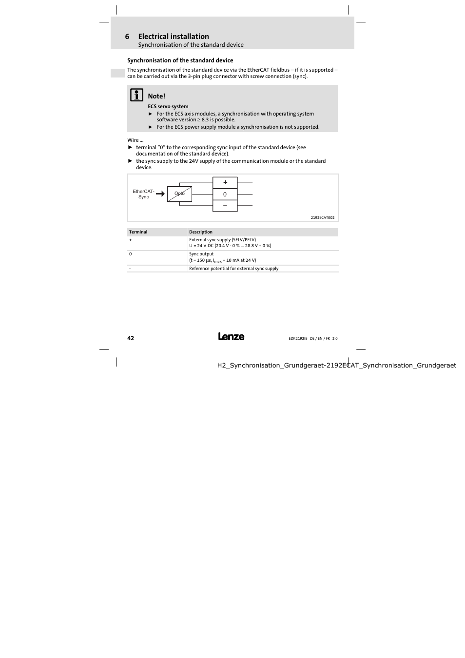 Synchronisation of the standard device, 6electrical installation | Lenze EMF2192IB User Manual | Page 42 / 70