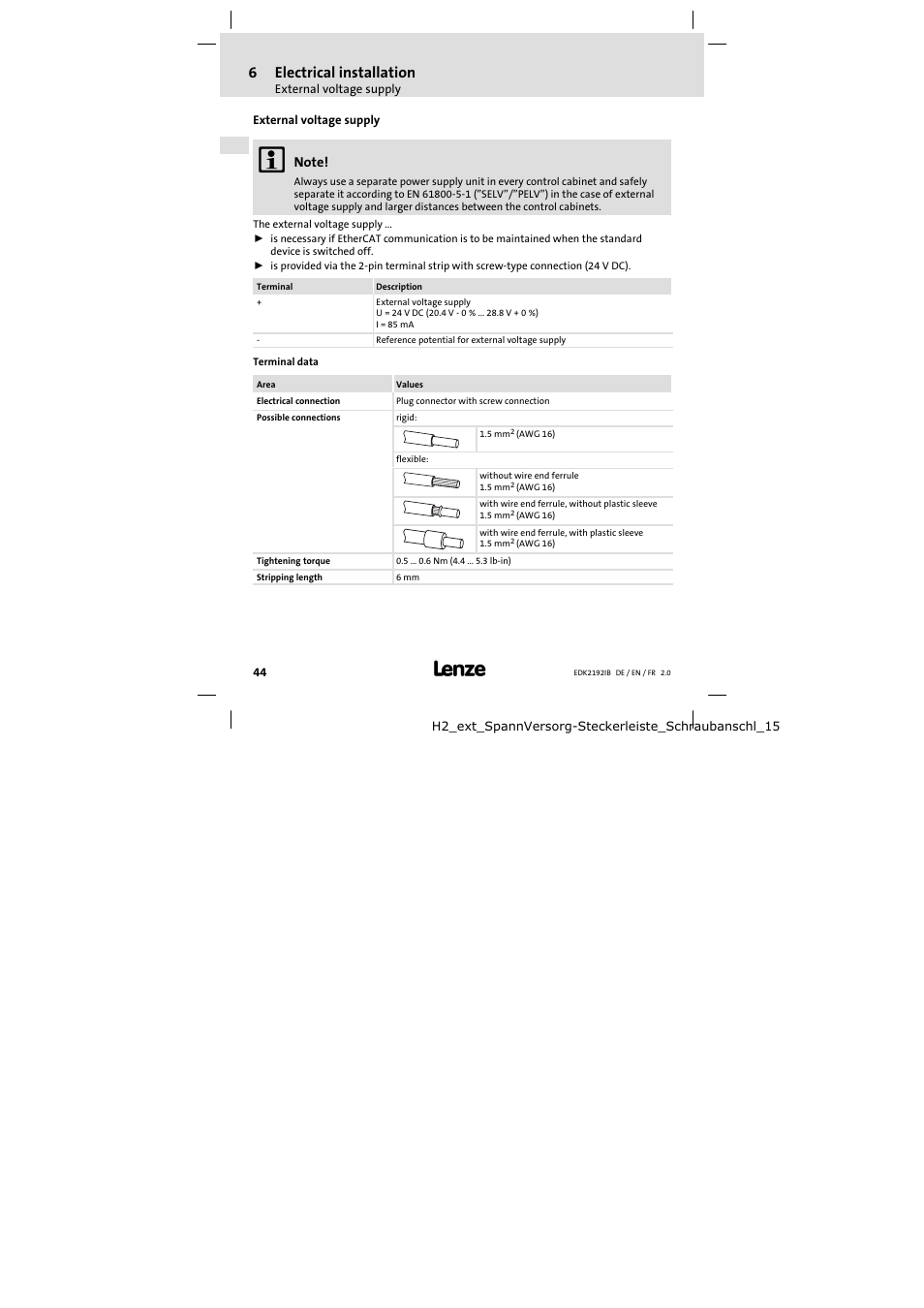 External voltage supply, 6electrical installation | Lenze EMF2192IB User Manual | Page 44 / 70