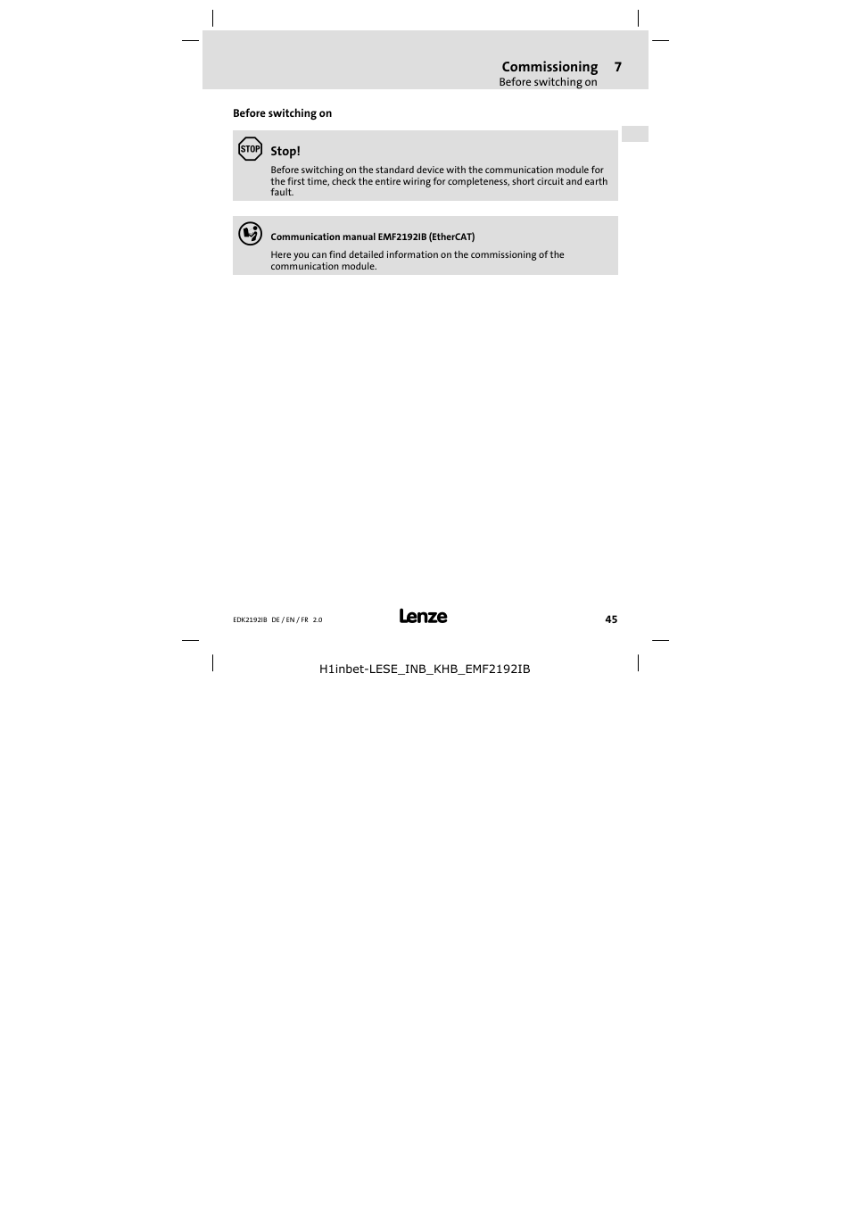 7 commissioning, Before switching on, Commissioning 45 | Lenze EMF2192IB User Manual | Page 45 / 70
