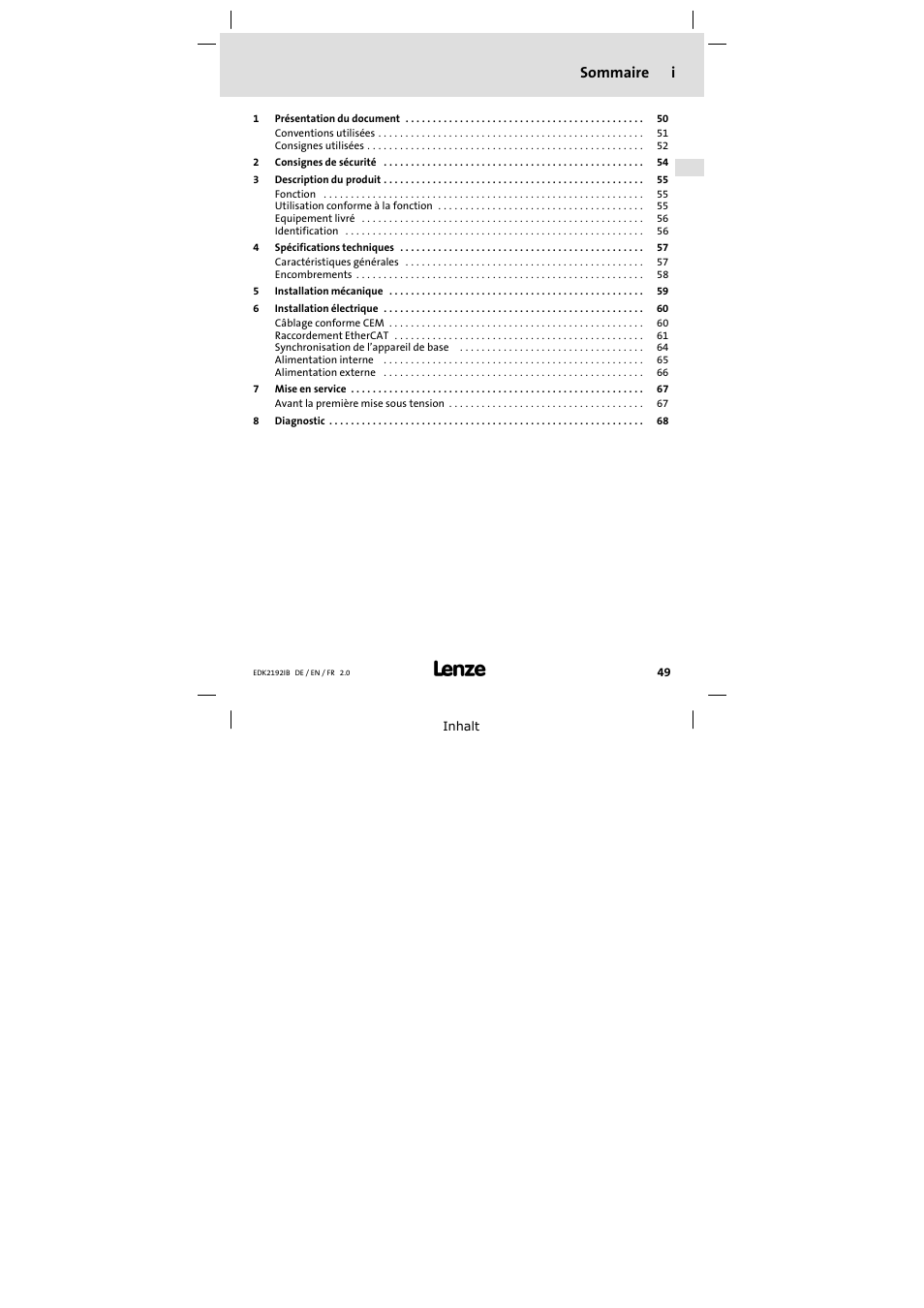 Sommaire, Sommaire i | Lenze EMF2192IB User Manual | Page 49 / 70
