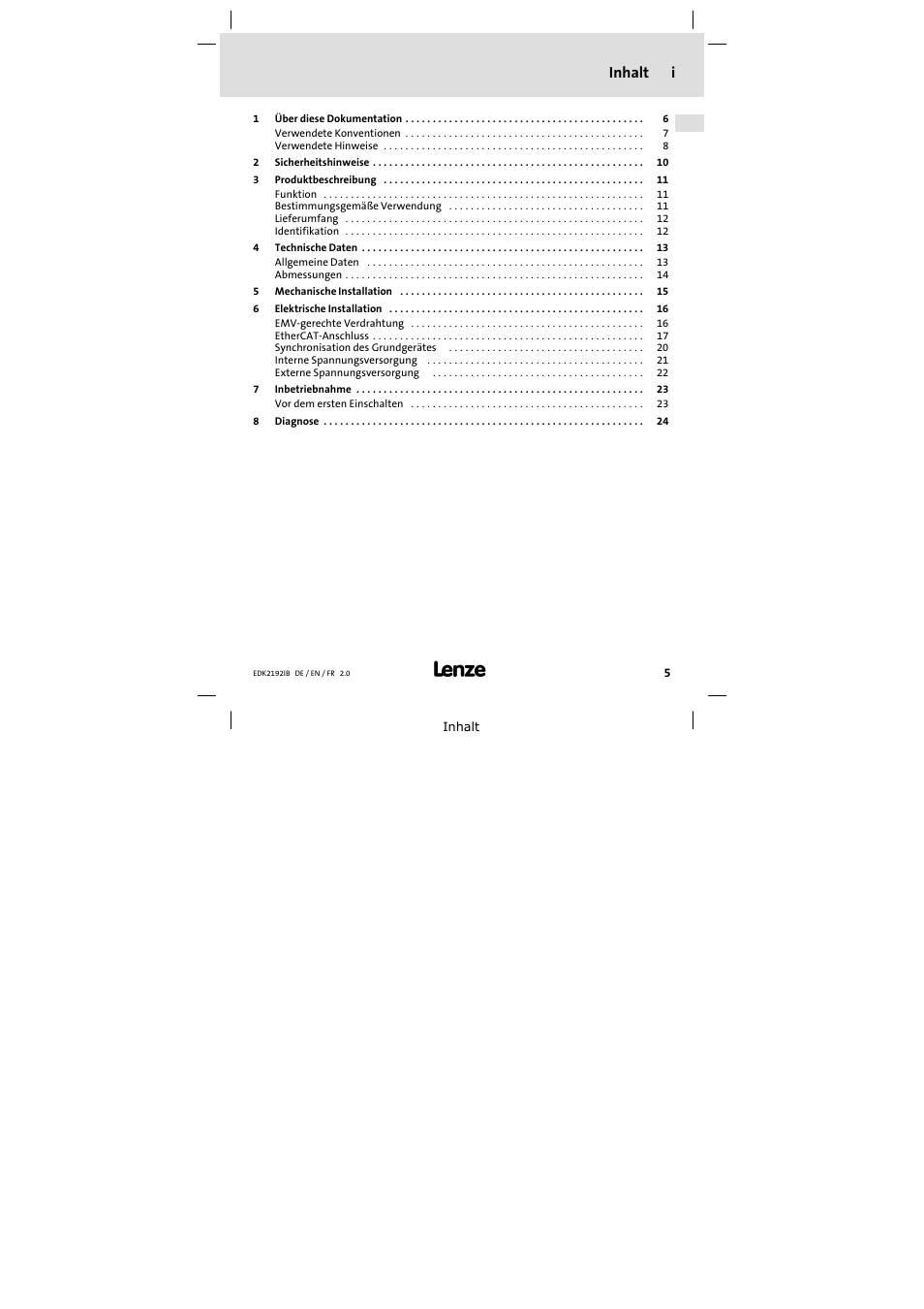 Inhalt, Inhalt i | Lenze EMF2192IB User Manual | Page 5 / 70