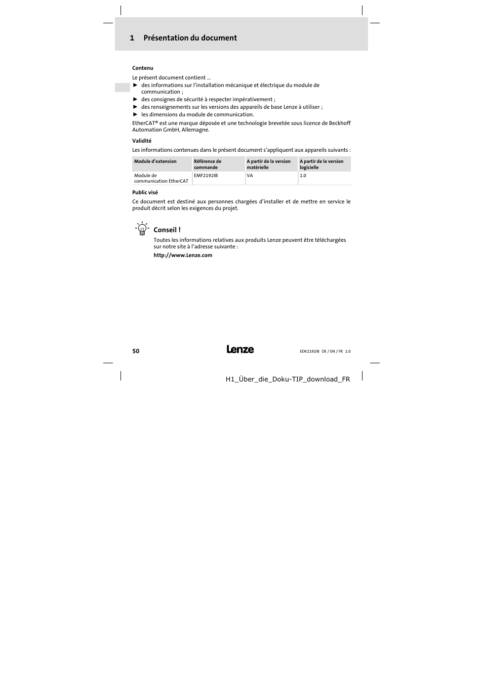 1 présentation du document, Présentation du document, 1présentation du document | Lenze EMF2192IB User Manual | Page 50 / 70
