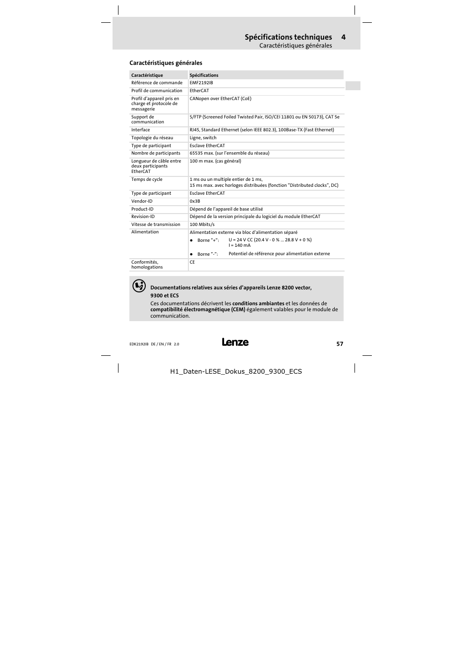 4 spécifications techniques, Caractéristiques générales, Spécifications techniques | Lenze EMF2192IB User Manual | Page 57 / 70