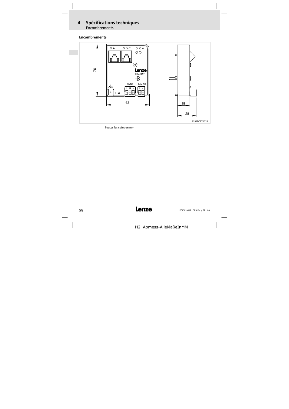 Encombrements | Lenze EMF2192IB User Manual | Page 58 / 70