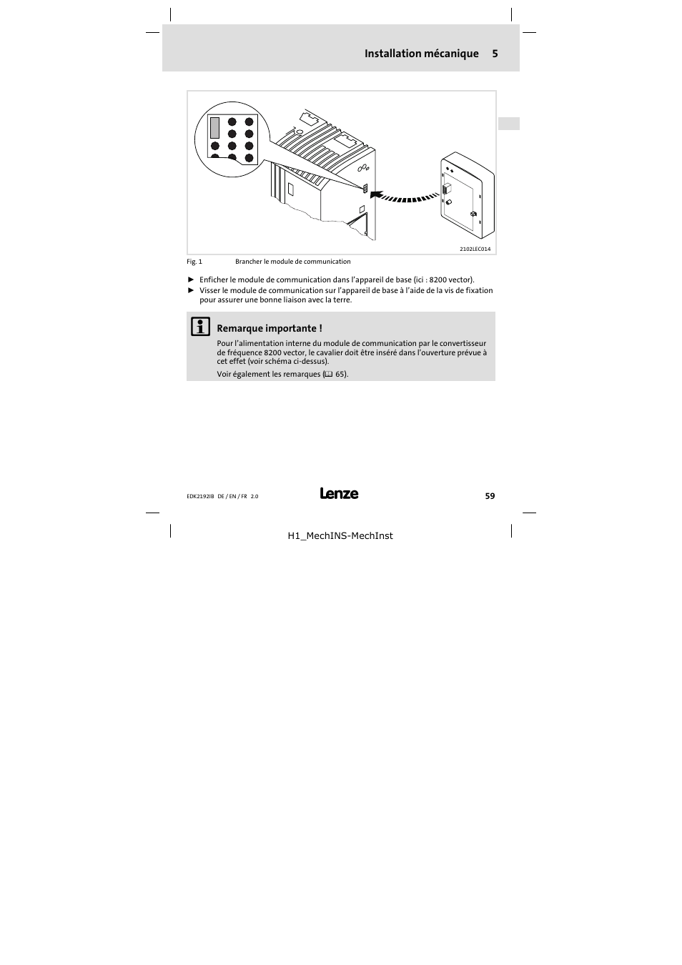 5 installation mécanique, Installation mécanique, Installation mécanique 5 | Lenze EMF2192IB User Manual | Page 59 / 70