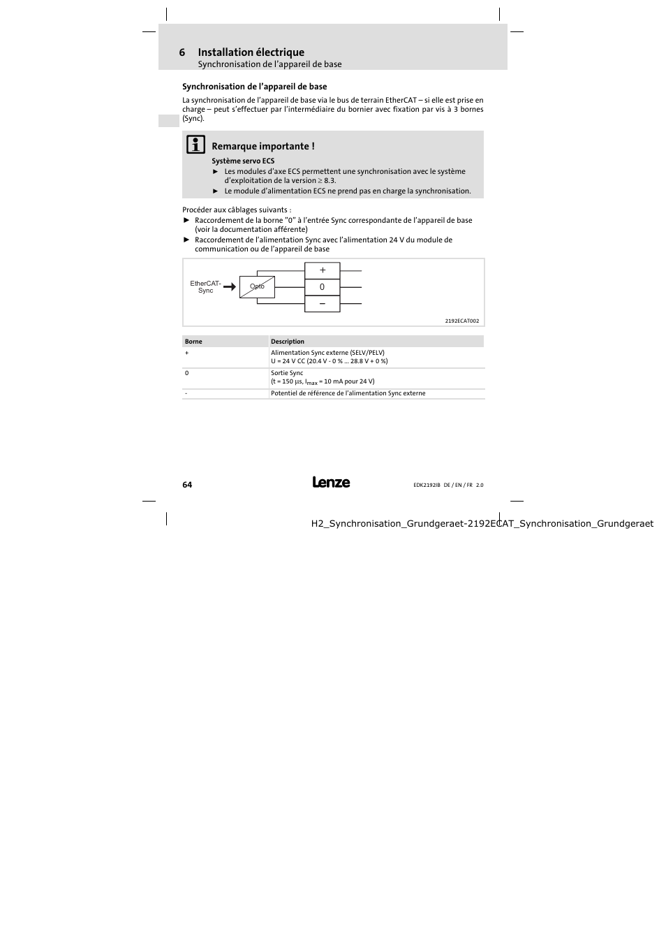 Synchronisation de l'appareil de base, Synchronisation de l’appareil de base, 6installation électrique | Lenze EMF2192IB User Manual | Page 64 / 70