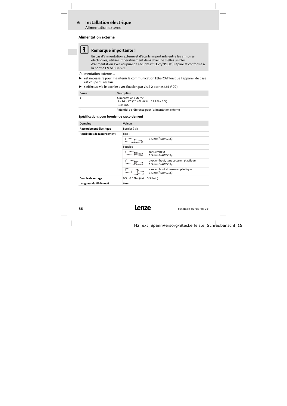 Alimentation externe, 6installation électrique | Lenze EMF2192IB User Manual | Page 66 / 70