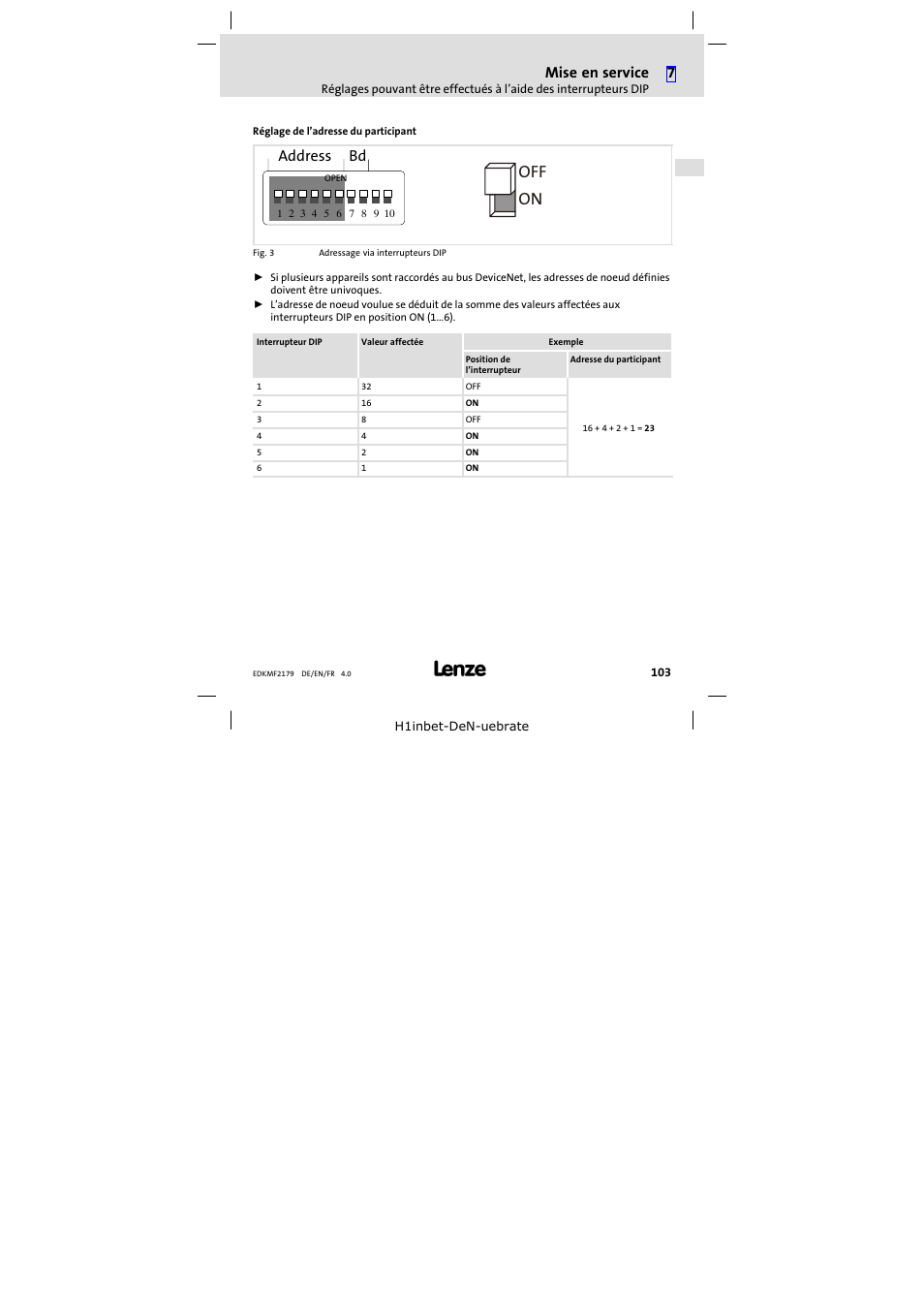 On off, Mise en service, Address bd | Lenze EMF2179IB User Manual | Page 103 / 112