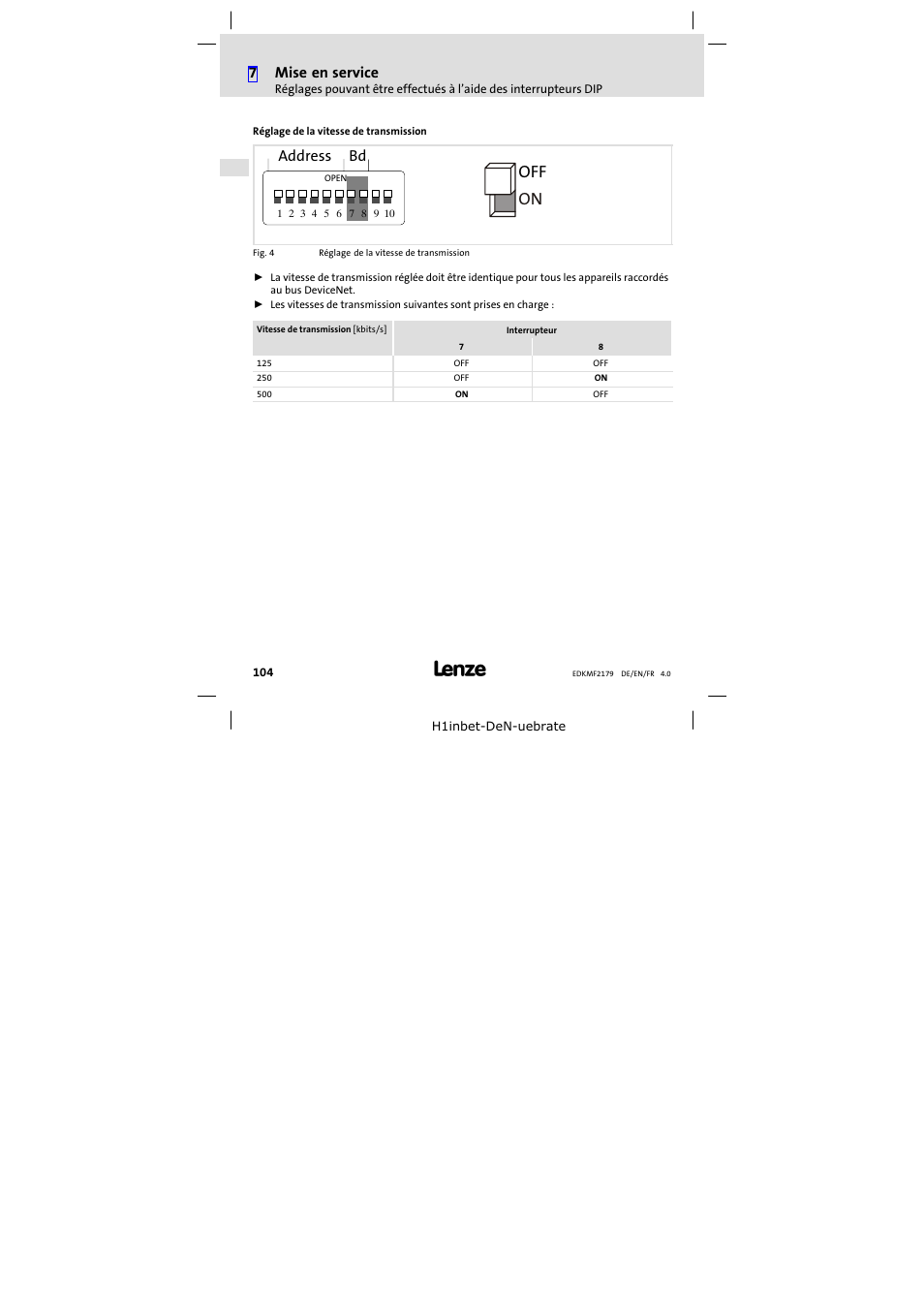On off, 7mise en service, Address bd | Lenze EMF2179IB User Manual | Page 104 / 112