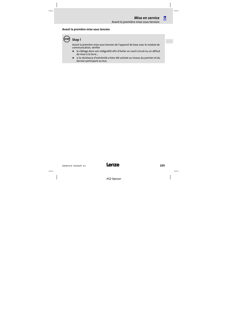 Avant la première mise sous tension | Lenze EMF2179IB User Manual | Page 105 / 112