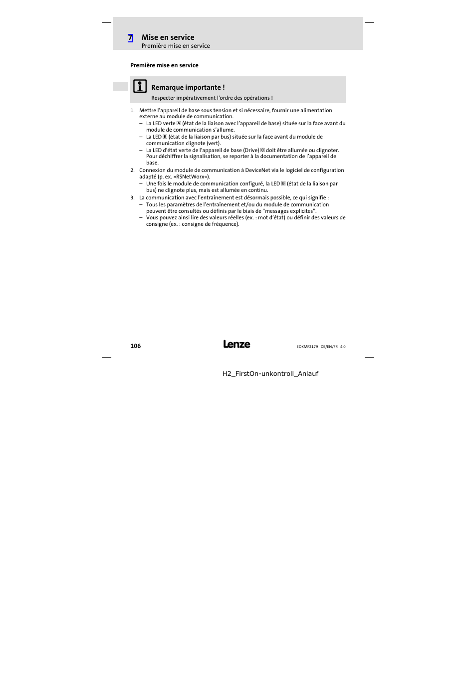 Première mise en service | Lenze EMF2179IB User Manual | Page 106 / 112