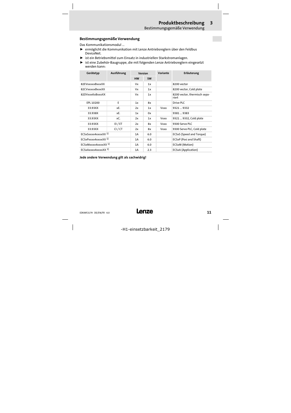 3 produktbeschreibung, Bestimmungsgemäße verwendung, Produktbeschreibung 11 | Produktbeschreibung | Lenze EMF2179IB User Manual | Page 11 / 112