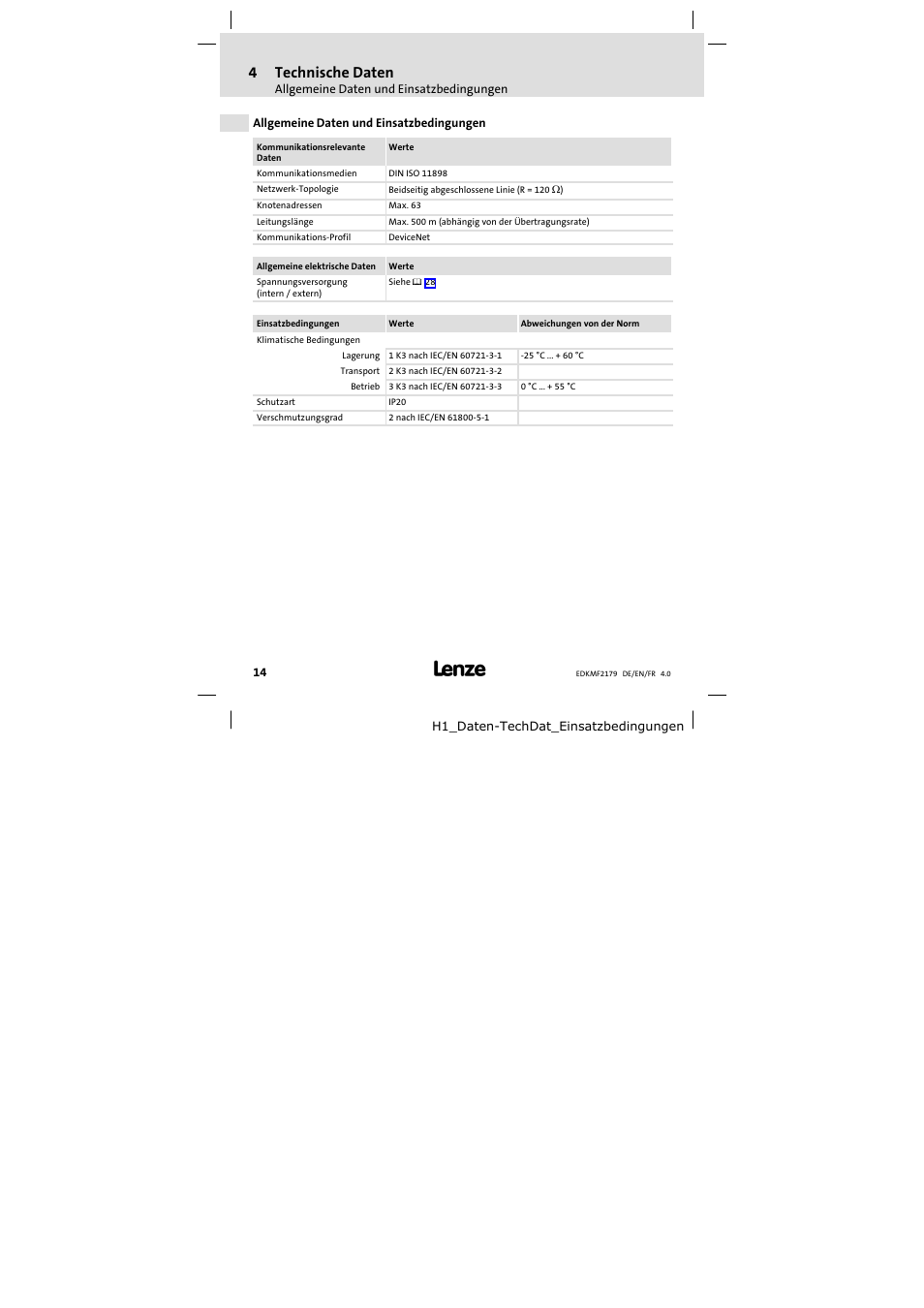 4 technische daten, Allgemeine daten und einsatzbedingungen, Technische daten | 4technische daten | Lenze EMF2179IB User Manual | Page 14 / 112