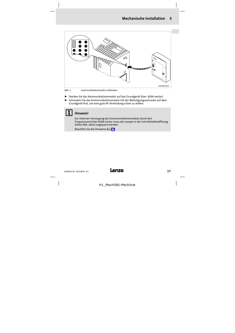 5 mechanische installation, Mechanische installation | Lenze EMF2179IB User Manual | Page 17 / 112