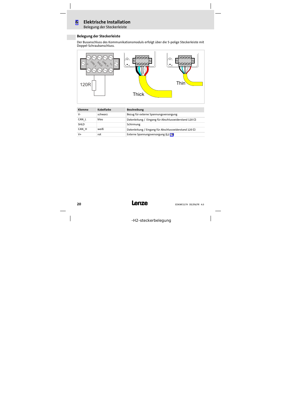 Belegung der steckerleiste, 6elektrische installation, Thick thin | 120r | Lenze EMF2179IB User Manual | Page 20 / 112
