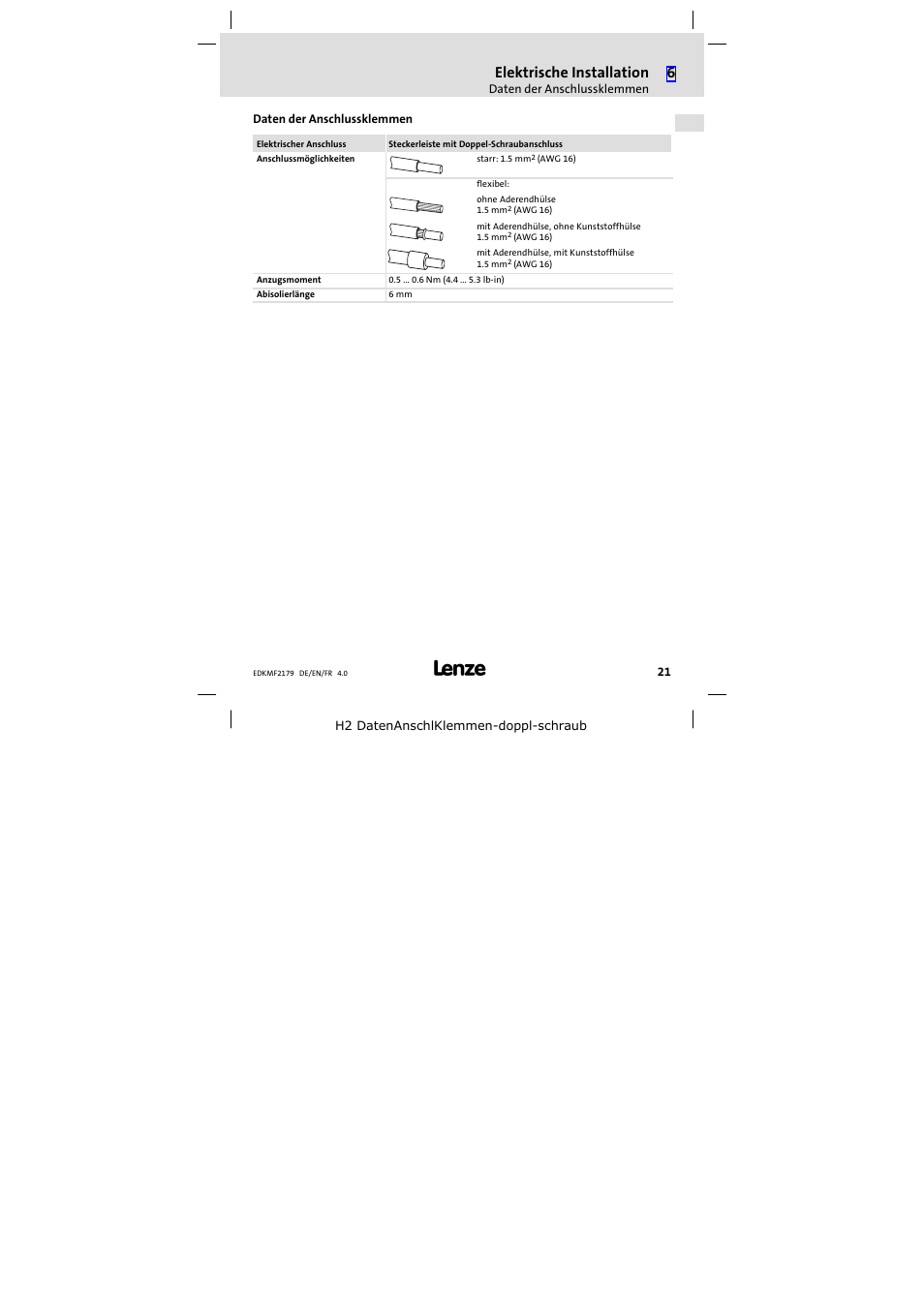 Daten der anschlussklemmen, Elektrische installation | Lenze EMF2179IB User Manual | Page 21 / 112