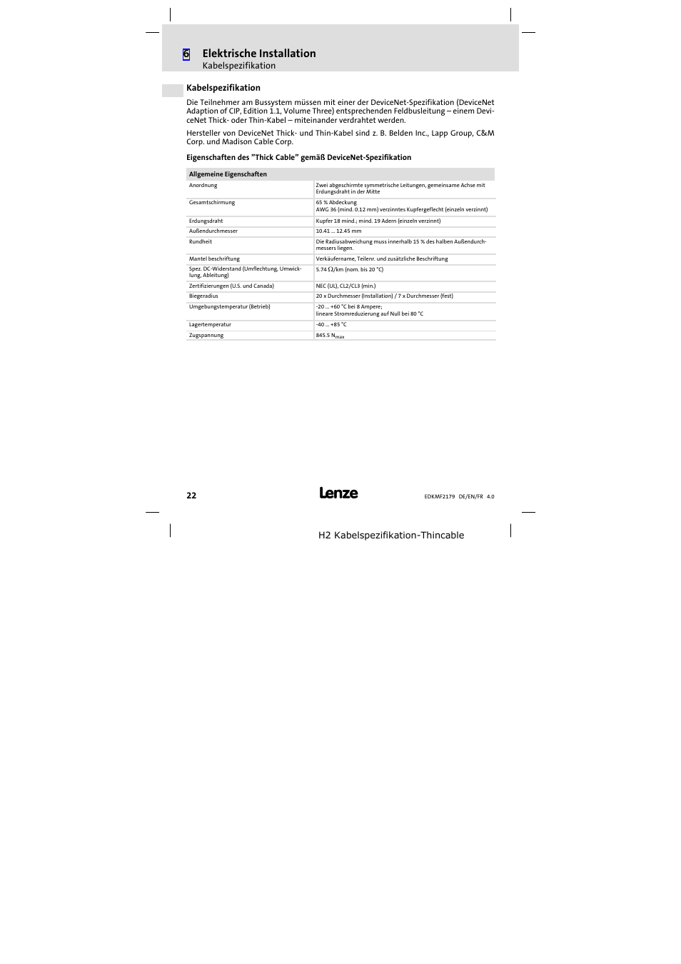 Kabelspezifikation, Kabelspezifikation 22, 6elektrische installation | Lenze EMF2179IB User Manual | Page 22 / 112