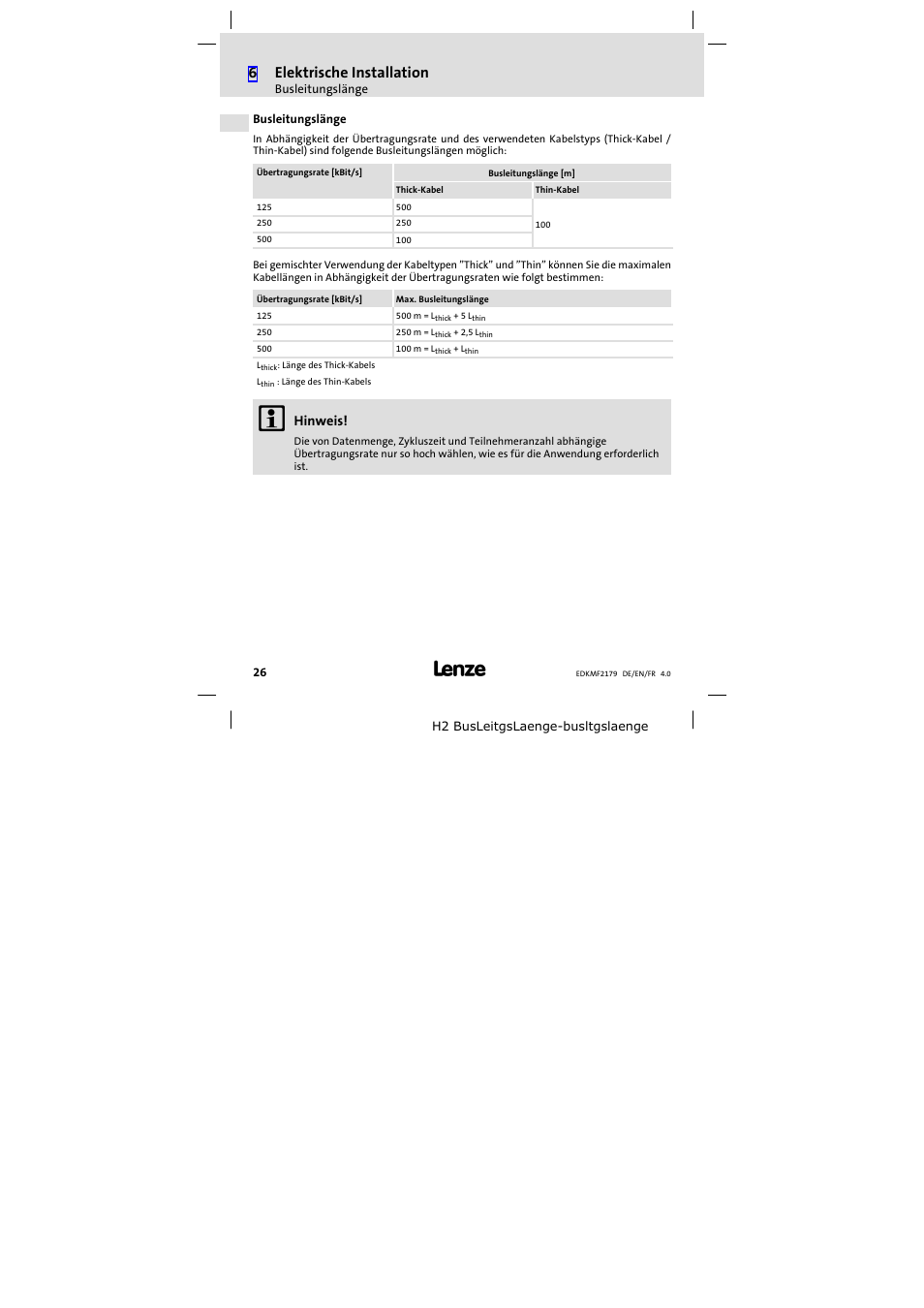 Busleitungslänge, Busleitungslänge 26, 6elektrische installation | Lenze EMF2179IB User Manual | Page 26 / 112