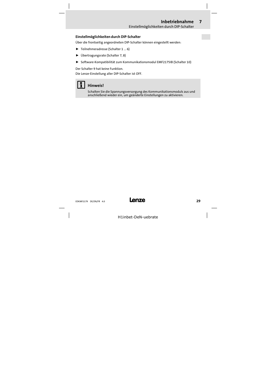 7 inbetriebnahme, Einstellmöglichkeiten durch dip-schalter, Inbetriebnahme | Einstellmöglichkeiten durch dip−schalter | Lenze EMF2179IB User Manual | Page 29 / 112
