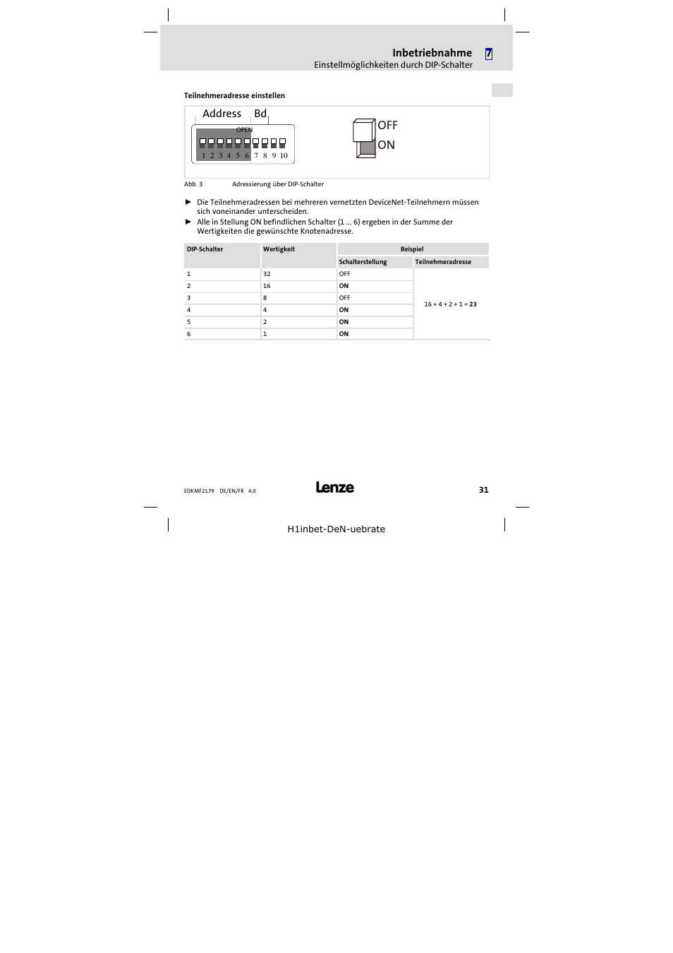 On off, Inbetriebnahme, Address bd | Lenze EMF2179IB User Manual | Page 31 / 112