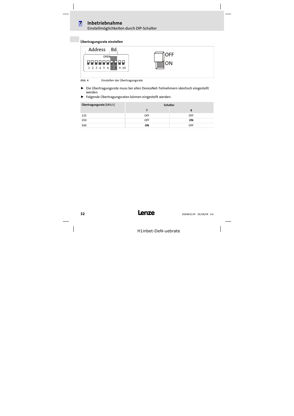 On off, 7inbetriebnahme, Address bd | Lenze EMF2179IB User Manual | Page 32 / 112