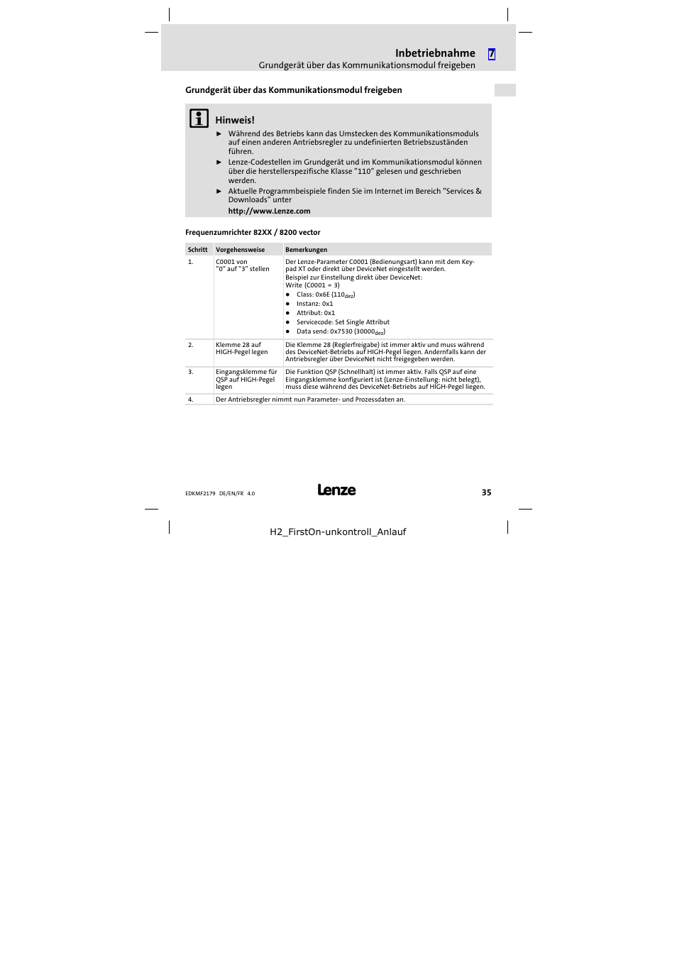 Grundgerät über das kommunikationsmodul freigeben, Inbetriebnahme | Lenze EMF2179IB User Manual | Page 35 / 112