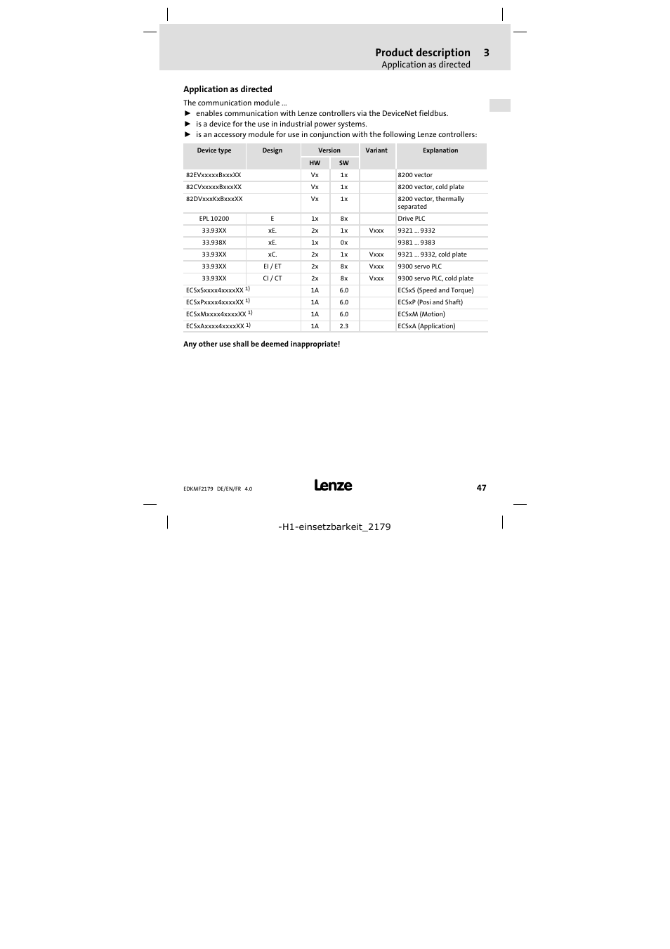 3 product description, Application as directed, Product description | Lenze EMF2179IB User Manual | Page 47 / 112