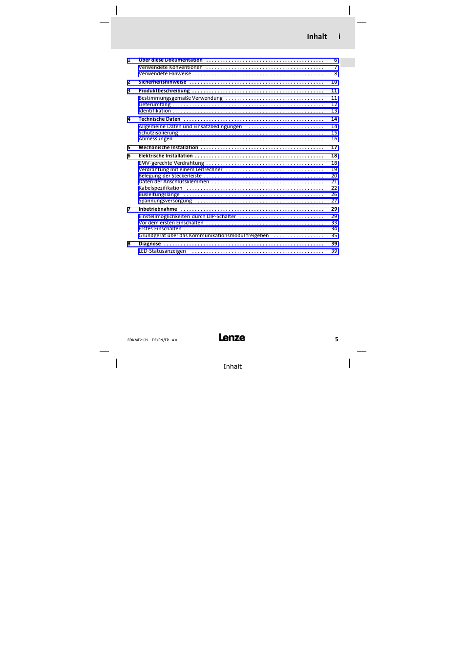 Inhalt, Inhalt i | Lenze EMF2179IB User Manual | Page 5 / 112