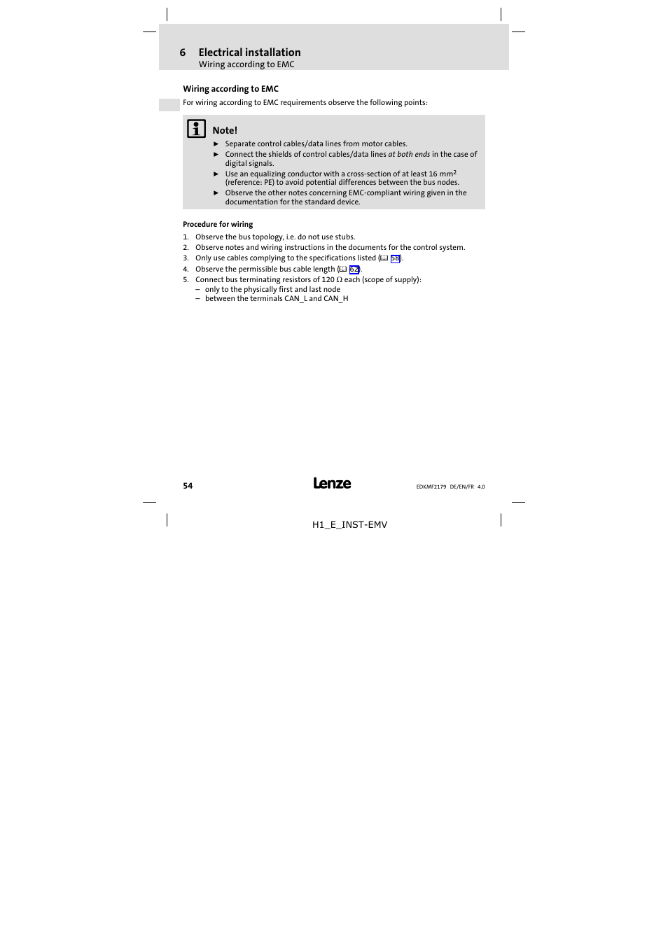 6 electrical installation, Wiring according to emc, Electrical installation | 6electrical installation | Lenze EMF2179IB User Manual | Page 54 / 112