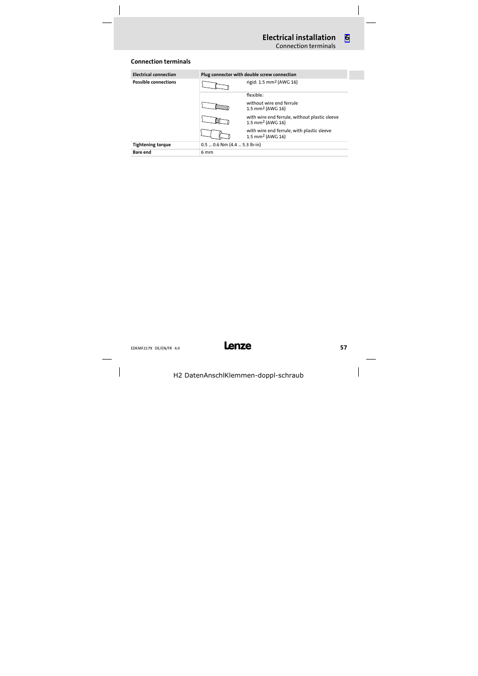 Connection terminals, Electrical installation | Lenze EMF2179IB User Manual | Page 57 / 112