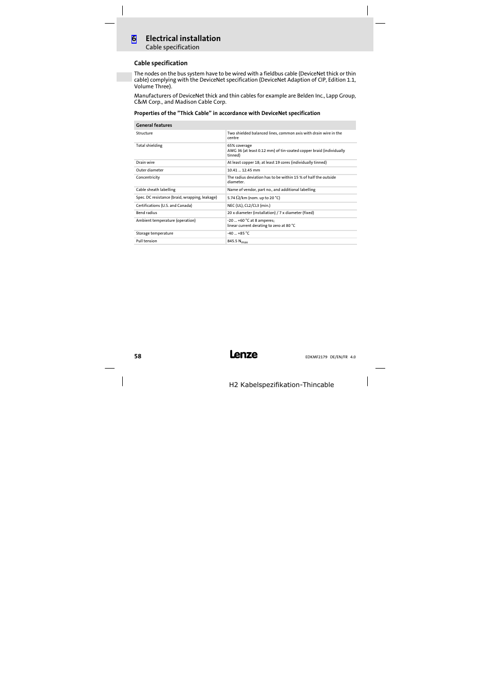 Cable specification, 6electrical installation | Lenze EMF2179IB User Manual | Page 58 / 112