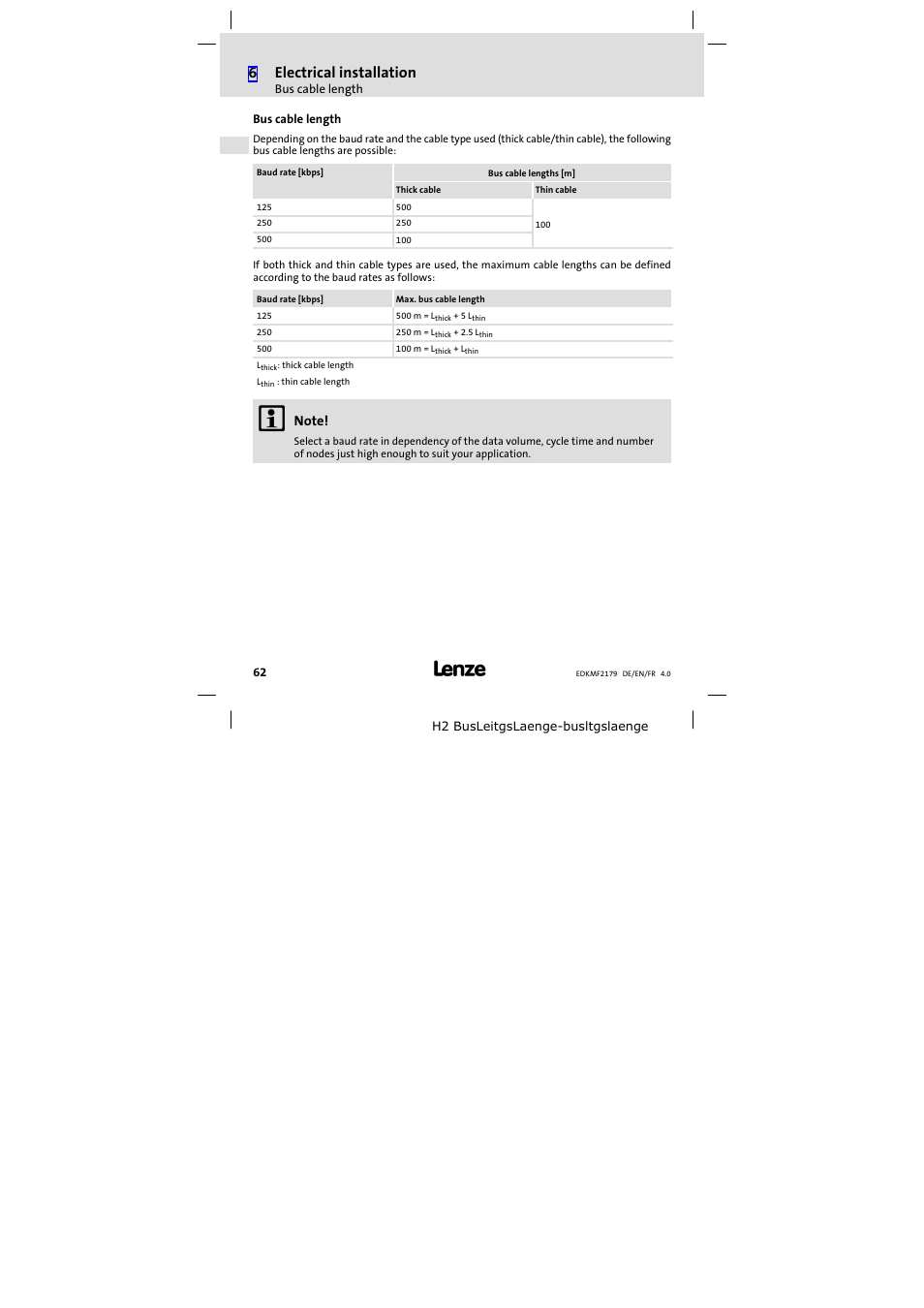 Bus cable length, 6electrical installation | Lenze EMF2179IB User Manual | Page 62 / 112