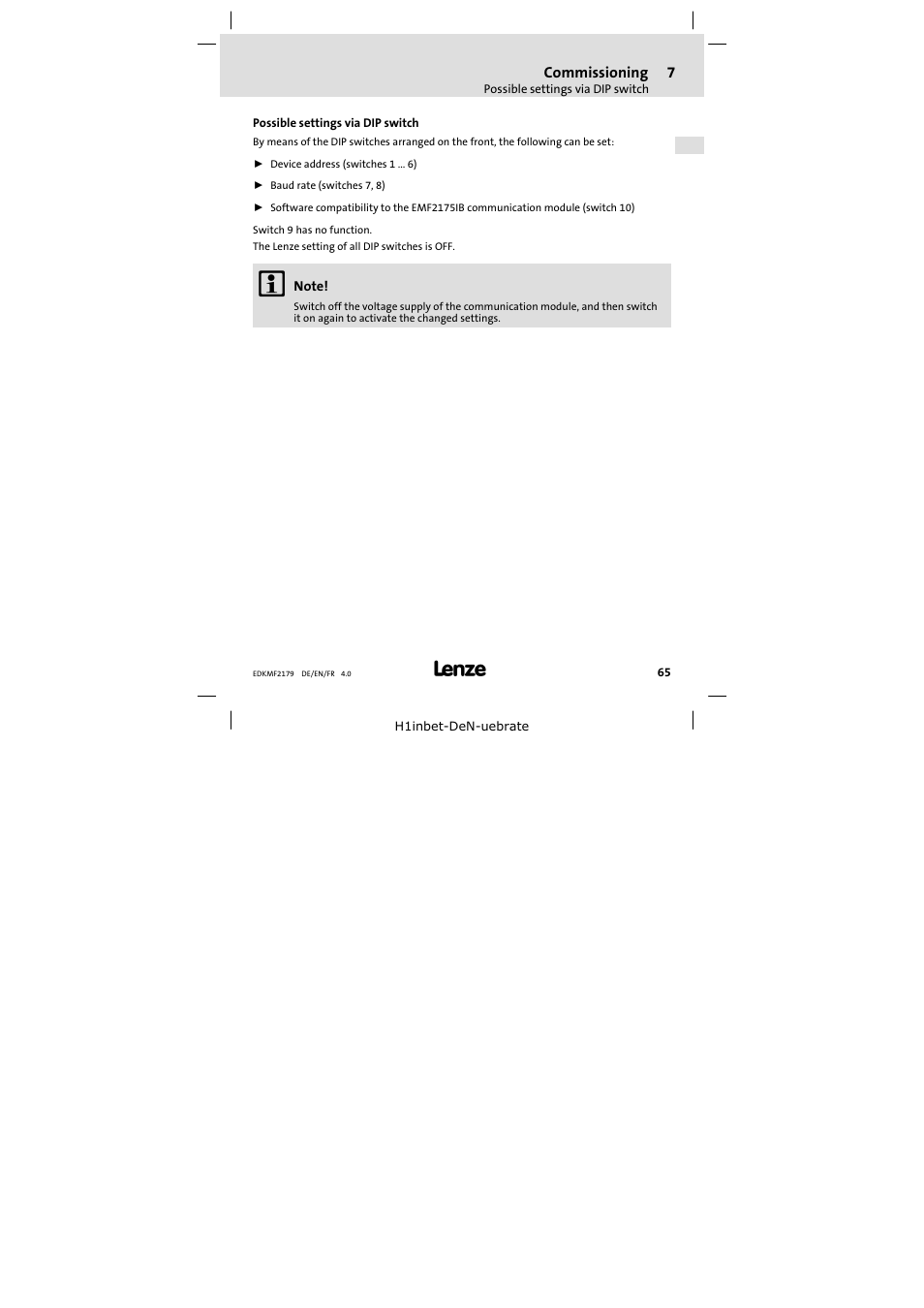 7 commissioning, Possible settings via dip switch, Commissioning 65 | Lenze EMF2179IB User Manual | Page 65 / 112
