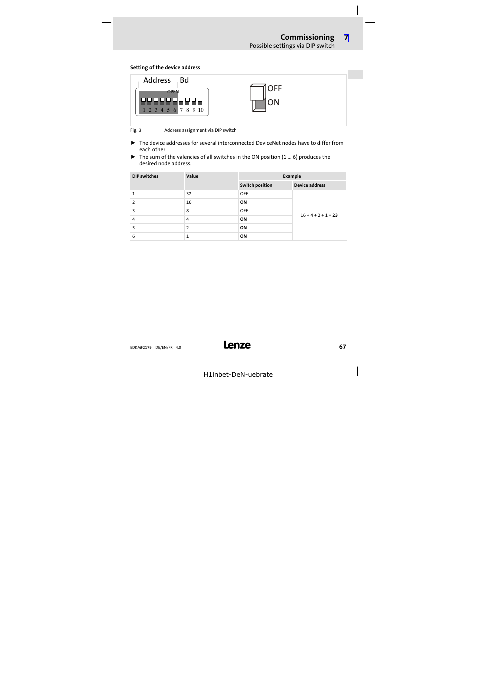 On off, Commissioning, Address bd | Lenze EMF2179IB User Manual | Page 67 / 112