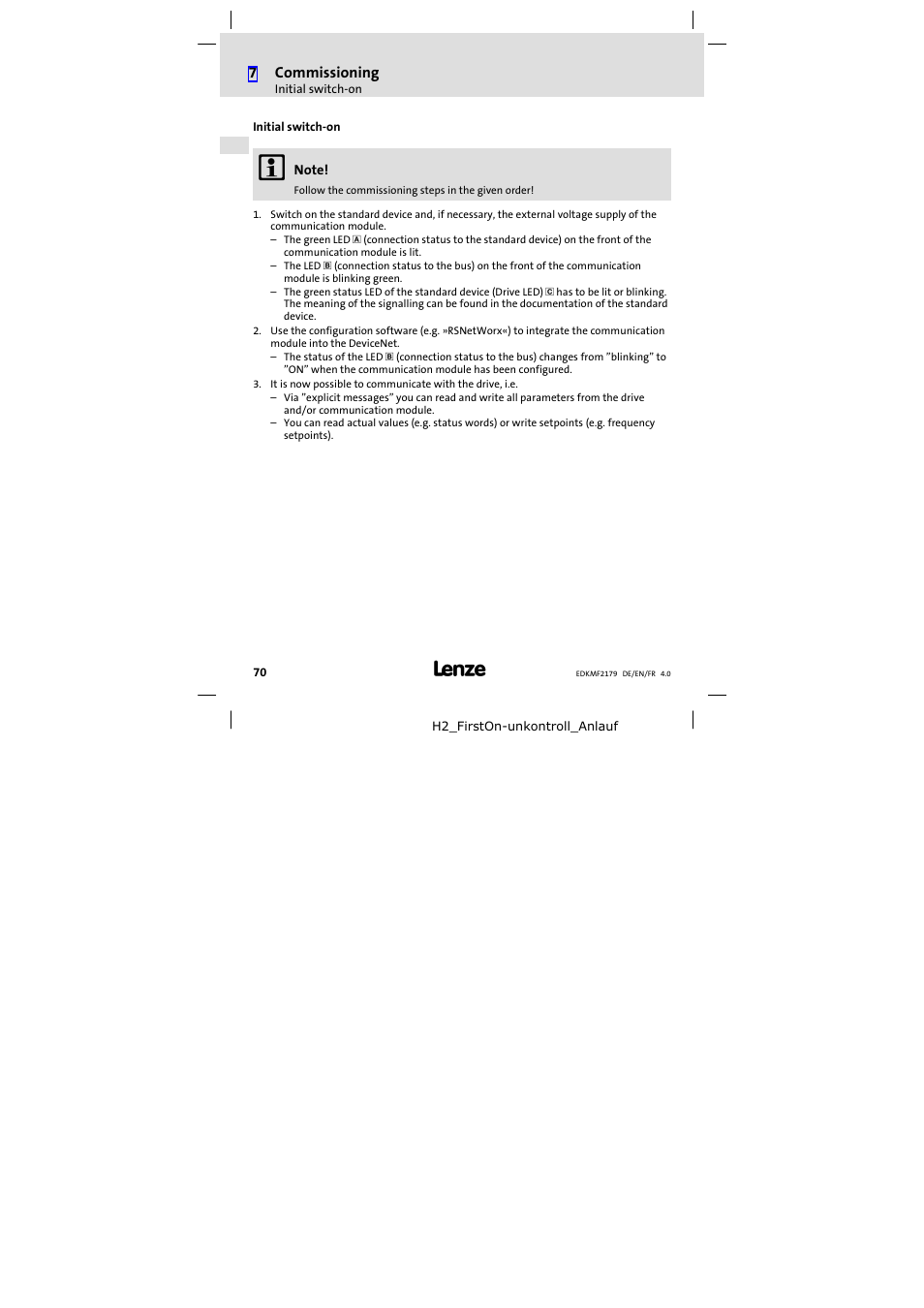 Initial switch-on, Initial switch−on | Lenze EMF2179IB User Manual | Page 70 / 112
