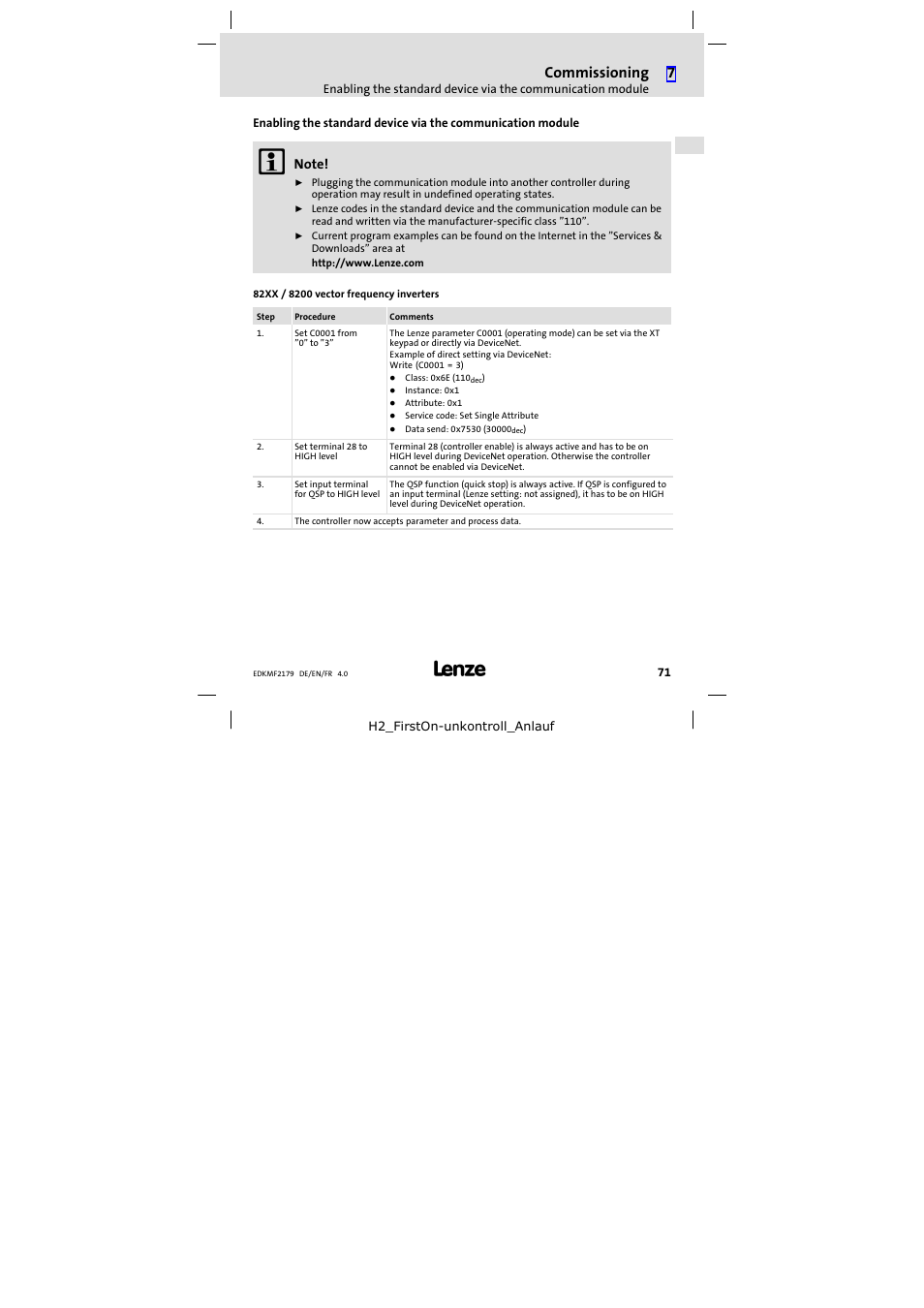 Commissioning | Lenze EMF2179IB User Manual | Page 71 / 112