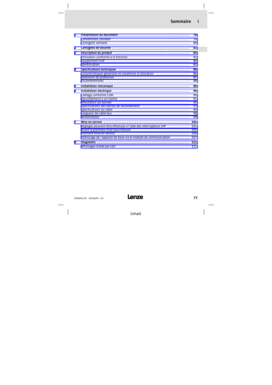 Sommaire, Sommaire i | Lenze EMF2179IB User Manual | Page 77 / 112
