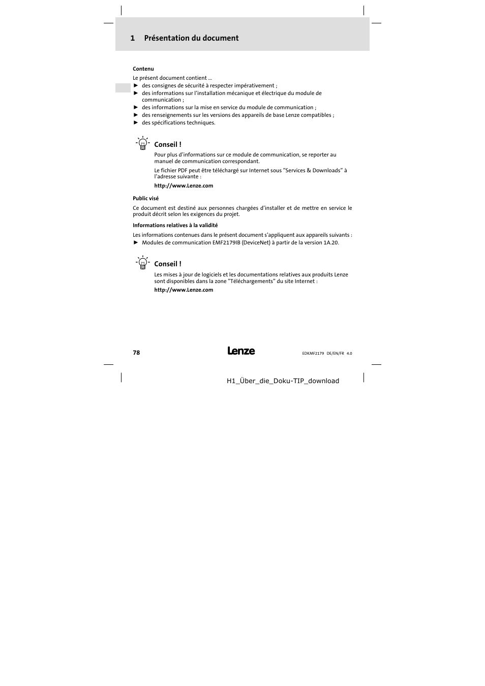 1 présentation du document, Présentation du document | Lenze EMF2179IB User Manual | Page 78 / 112