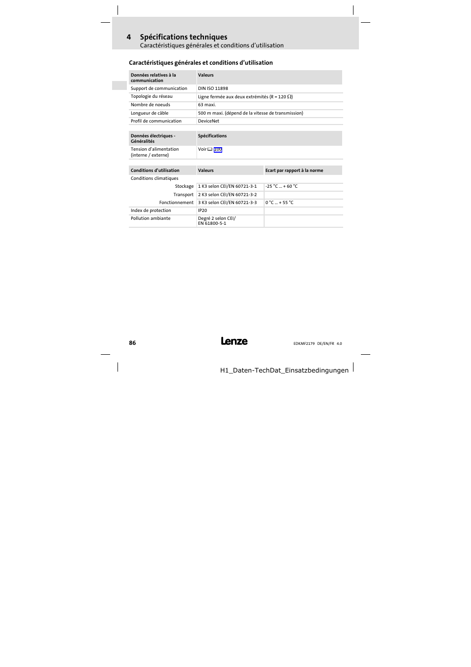 4 spécifications techniques, Spécifications techniques, 4spécifications techniques | Lenze EMF2179IB User Manual | Page 86 / 112