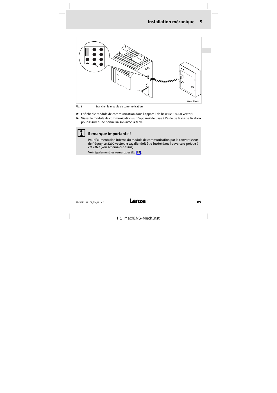 5 installation mécanique, Installation mécanique | Lenze EMF2179IB User Manual | Page 89 / 112