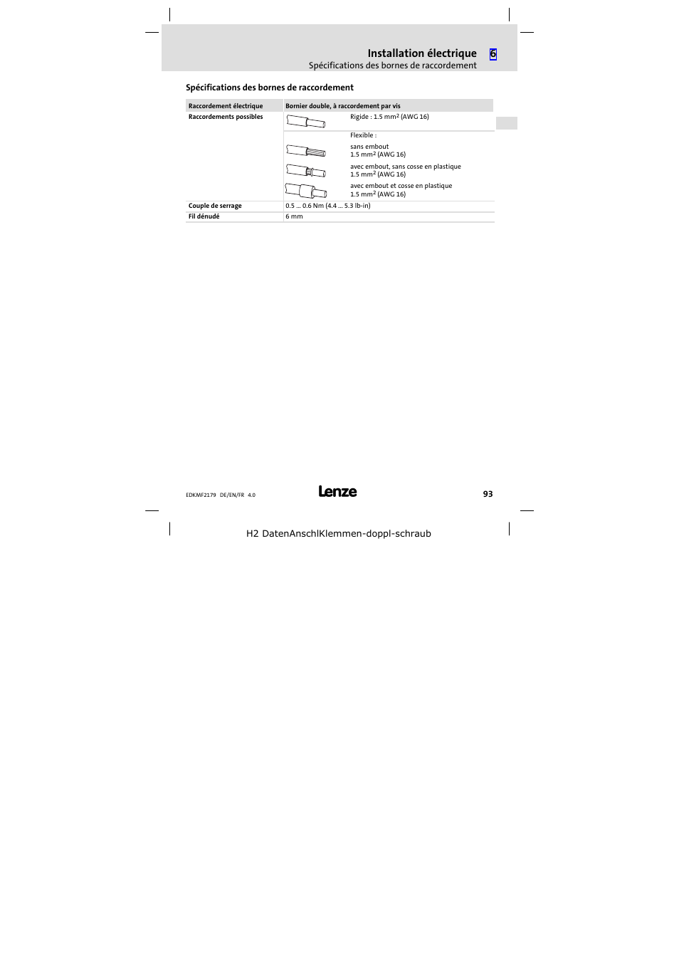 Spécifications des bornes de raccordement, Installation électrique | Lenze EMF2179IB User Manual | Page 93 / 112