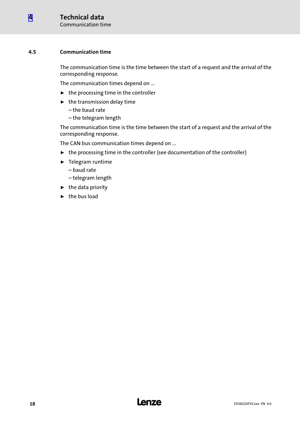 5 communication time, Communication time, Technical data | Lenze E82ZAFVC010 User Manual | Page 18 / 70