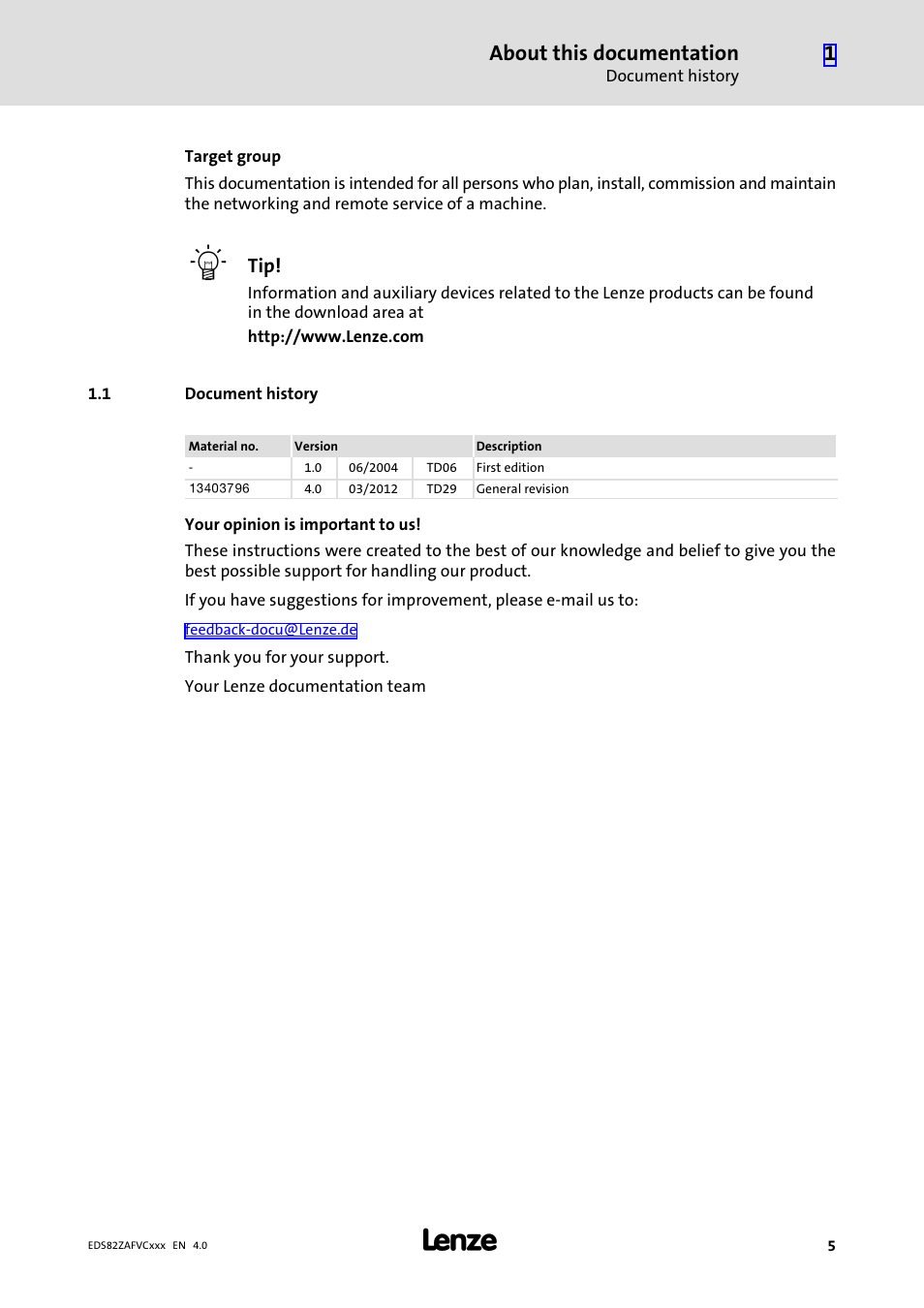 1 document history, Document history, About this documentation | Lenze E82ZAFVC010 User Manual | Page 5 / 70